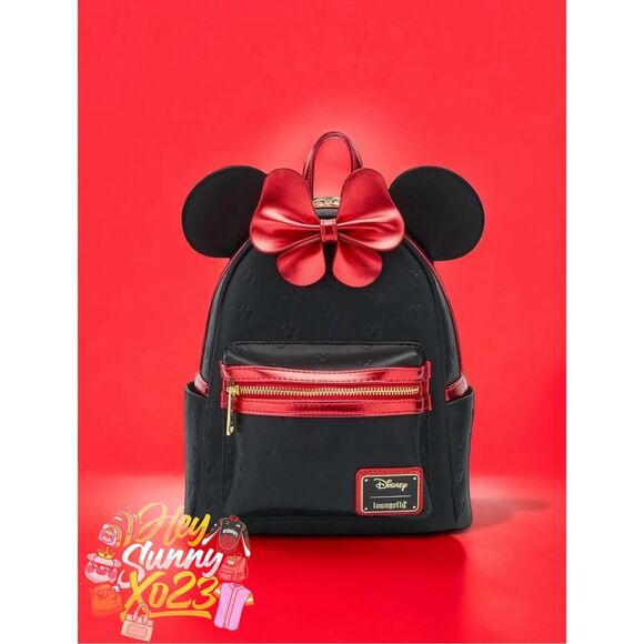 Loungefly Disney Minnie Mouse Metallic Red Bow Ears Mini Backpack - Picture 1 of 5